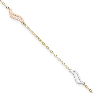 14K Tri-color Open Wavy Links 3-Station 9 inch Plus 1 inch Extender Total 10 inch Anklet
