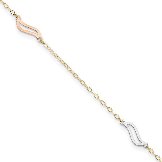 14K Tri-color Open Wavy Links 3-Station 9 inch Plus 1 inch Extender Total 10 inch Anklet