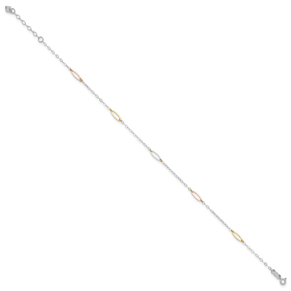 14K Tri-color Oval Link 5-Station 9 inch Plus 1 inch Extender Total 10 inch Anklet