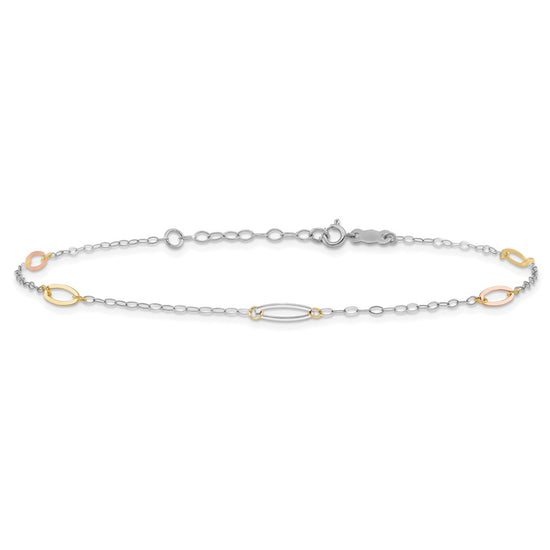 14K Tri-color Oval Link 5-Station 9 inch Plus 1 inch Extender Total 10 inch Anklet