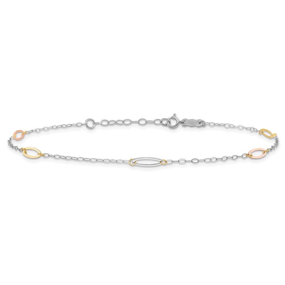 14K Tri-color Oval Link 5-Station 9 inch Plus 1 inch Extender Total 10 inch Anklet
