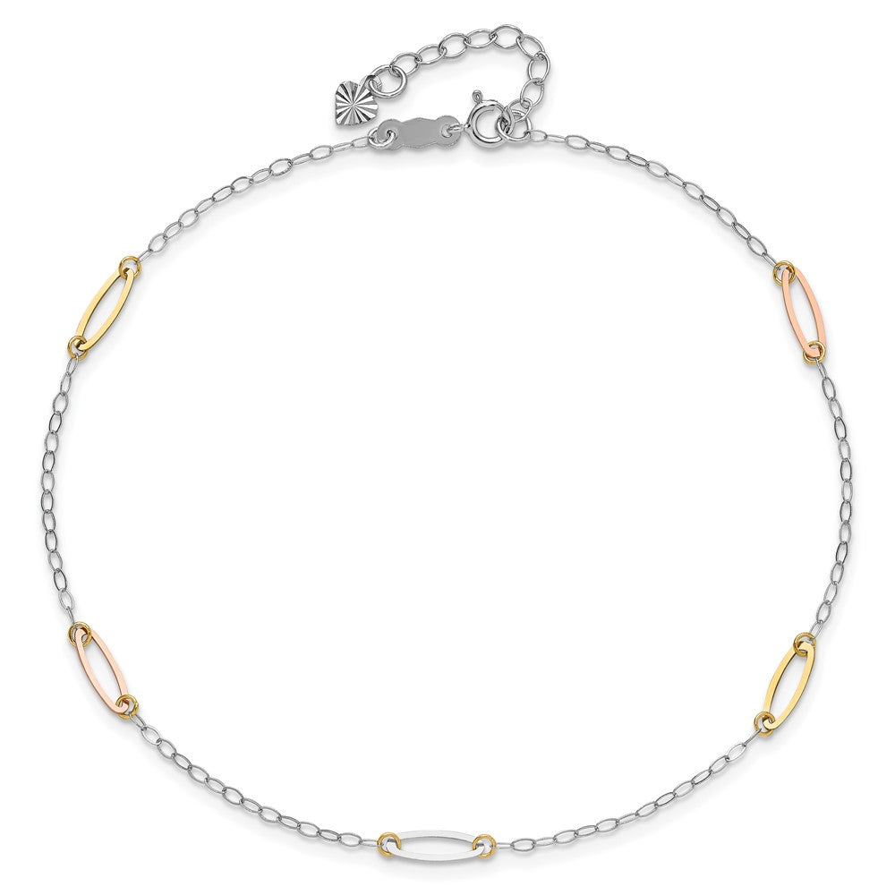 14K Tri-color Oval Link 5-Station 9 inch Plus 1 inch Extender Total 10 inch Anklet