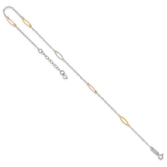 14K Tri-color Oval Link 5-Station 9 inch Plus 1 inch Extender Total 10 inch Anklet