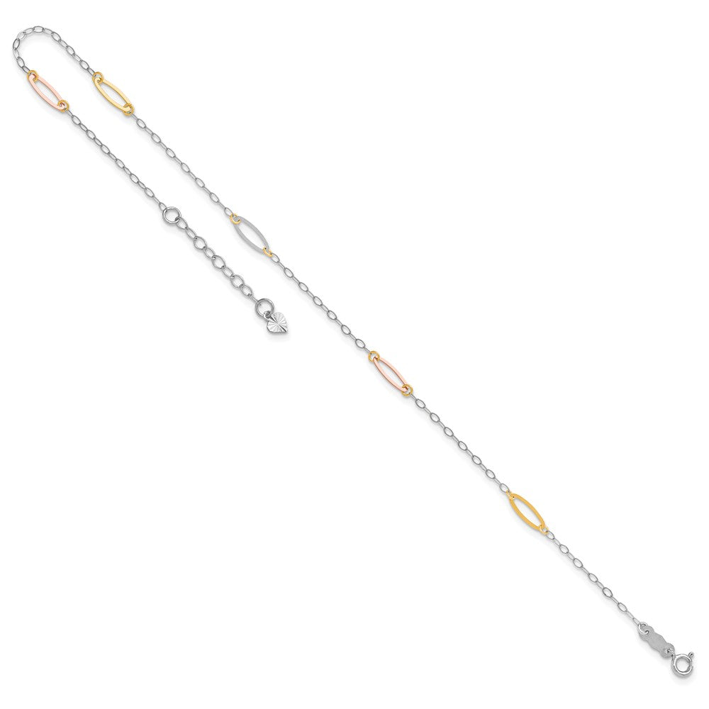 14K Tri-color Oval Link 5-Station 9 inch Plus 1 inch Extender Total 10 inch Anklet