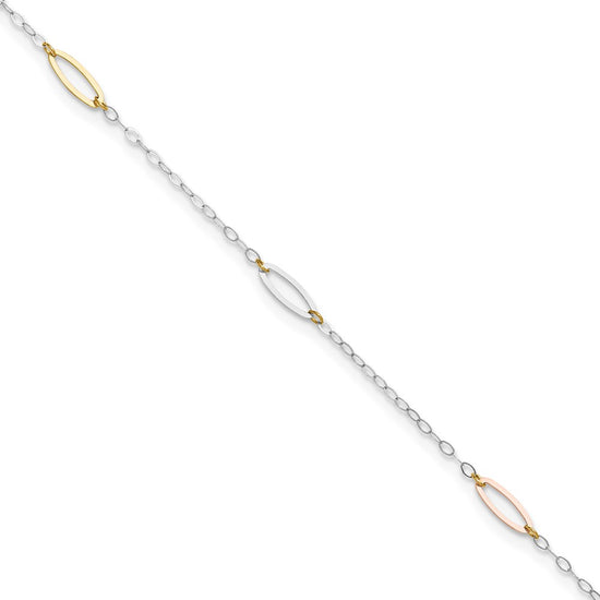 14K Tri-color Oval Link 5-Station 9 inch Plus 1 inch Extender Total 10 inch Anklet