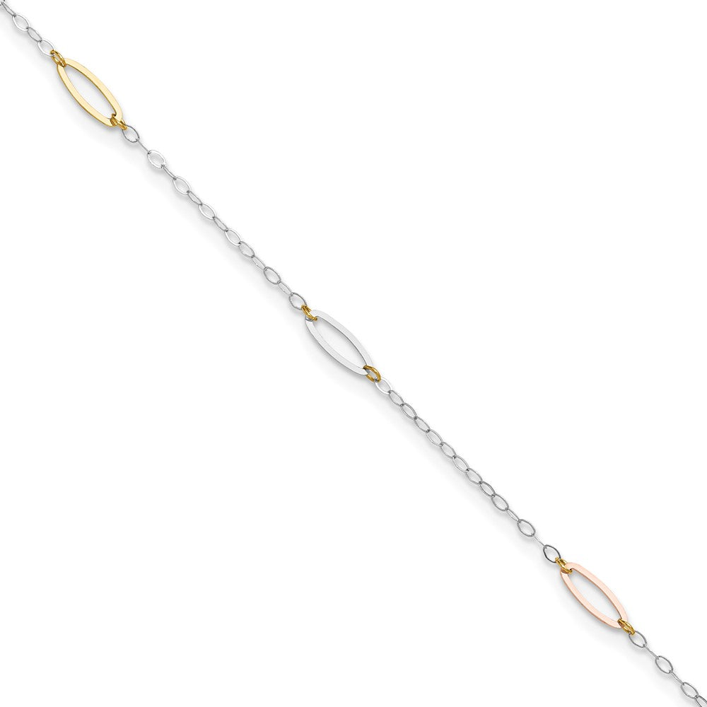 14K Tri-color Oval Link 5-Station 9 inch Plus 1 inch Extender Total 10 inch Anklet