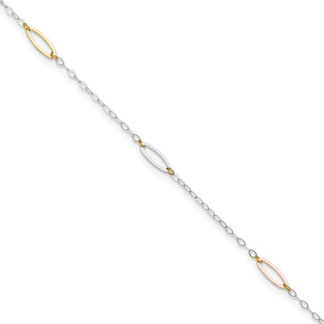 14K Tri-color Oval Link 5-Station 9 inch Plus 1 inch Extender Total 10 inch Anklet