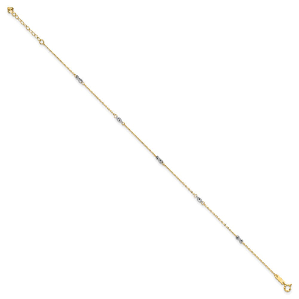 14K Two-tone Fancy Twist 5-Station 9 inch Plus 1 inch Extender Total 10 inch Anklet