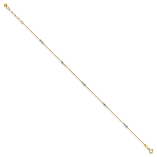 14K Two-tone Fancy Twist 5-Station 9 inch Plus 1 inch Extender Total 10 inch Anklet