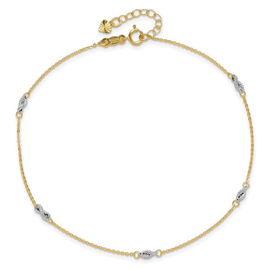 14K Two-tone Fancy Twist 5-Station 9 inch Plus 1 inch Extender Total 10 inch Anklet