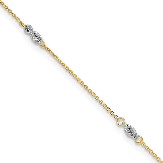 14K Two-tone Fancy Twist 5-Station 9 inch Plus 1 inch Extender Total 10 inch Anklet