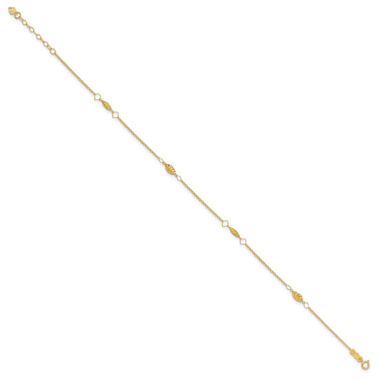 14K Diamond-cut Rice Puff Beads 4-Station 9 inch Plus 1 inch Extender - Total 10 inch Anklet