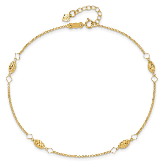 14K Diamond-cut Rice Puff Beads 4-Station 9 inch Plus 1 inch Extender - Total 10 inch Anklet