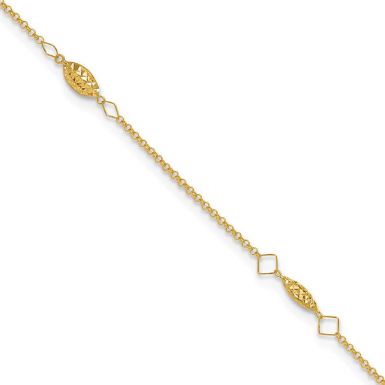 14K Diamond-cut Rice Puff Beads 4-Station 10 inch Plus 1 inch Extender - Total 11 inch Anklet