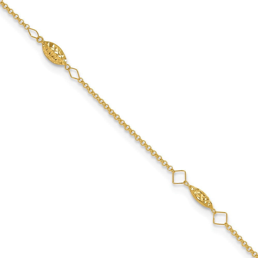 14K Diamond-cut Rice Puff Beads 4-Station 10 inch Plus 1 inch Extender - Total 11 inch Anklet