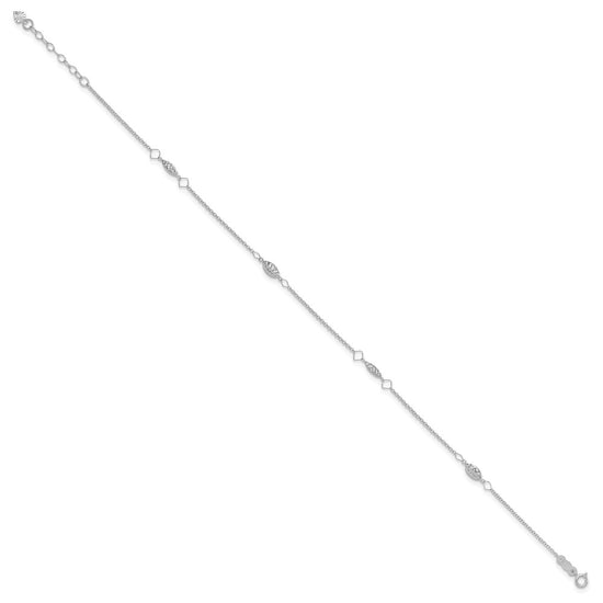 14K White Gold Diamond-cut Rice Puff Beads 4-Station 9 inch Plus 1 inch Extender - Total 10 inch Anklet