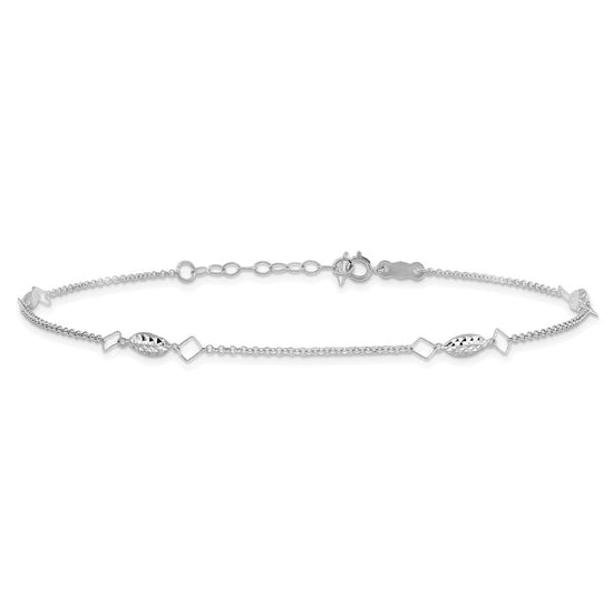 14K White Gold Diamond-cut Rice Puff Beads 4-Station 9 inch Plus 1 inch Extender - Total 10 inch Anklet