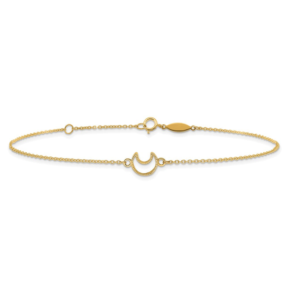 14K Textured and Polished Crescent Moon 9 inch Plus 1 inch Extender Total 10 inch Anklet
