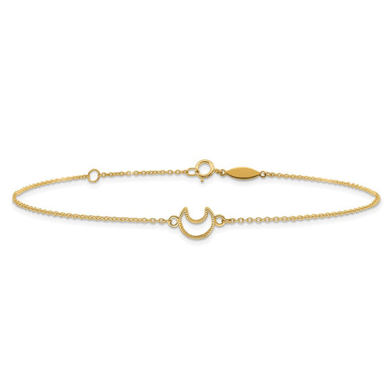 14K Textured and Polished Crescent Moon 9 inch Plus 1 inch Extender - Total 10 inch Anklet