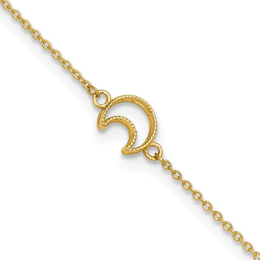 14K Textured and Polished Crescent Moon 9 inch Plus 1 inch Extender Total 10 inch Anklet