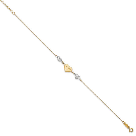 14K Two-tone Puffed LOVE Heart and Diamond-cut Beads 7 inch Bracelet Plus 1 inch Heart Dangle Extender