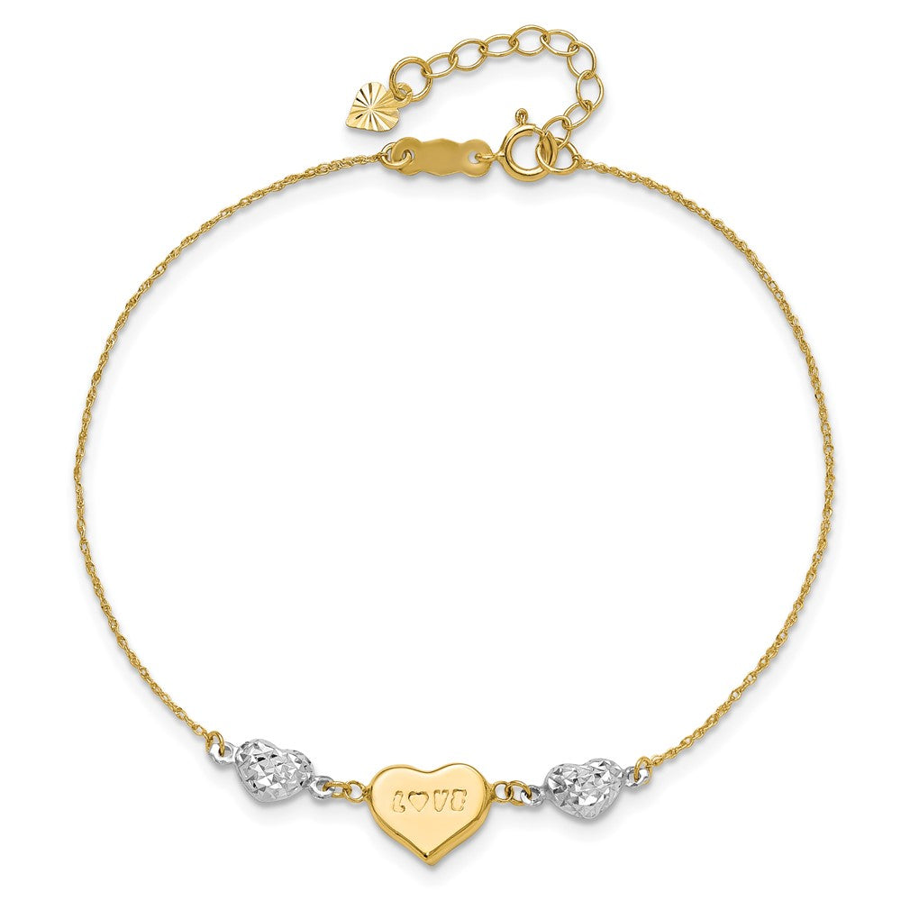 14K Two-tone Puffed LOVE Heart and Diamond-cut Beads 7 inch Bracelet Plus 1 inch Heart Dangle Extender