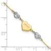 14K Two-tone Puffed LOVE Heart and Diamond-cut Beads 7 inch Bracelet Plus 1 inch Heart Dangle Extender