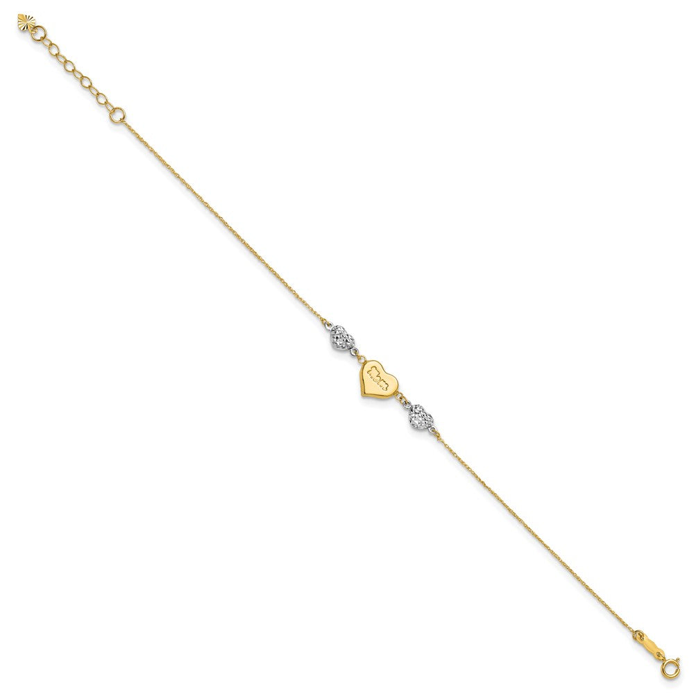 14K Two-tone Puffed MOM Heart and Diamond-cut Beads 7 inch Bracelet Plus 1 inch Heart Dangle Extender