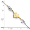 14K Two-tone Puffed MOM Heart and Diamond-cut Beads 7 inch Bracelet Plus 1 inch Heart Dangle Extender