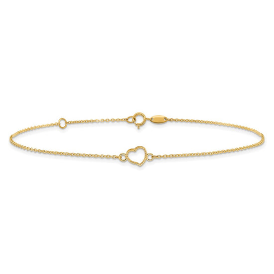 14K Textured and Polished Open Heart 9 inch Plus 1 inch Extender - Total 10 inch Anklet
