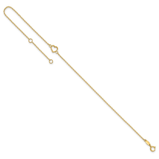 14K Textured and Polished Open Heart 9 inch Plus 1 inch Extender - Total 10 inch Anklet