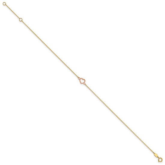 14k Two-tone Textured and Polished Open Heart 9 inch Plus 1 inch Extender - Total 10 inch Anklet