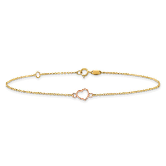 14k Two-tone Textured and Polished Open Heart 9 inch Plus 1 inch Extender - Total 10 inch Anklet
