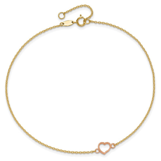 14k Two-tone Textured and Polished Open Heart 9 inch Plus 1 inch Extender - Total 10 inch Anklet