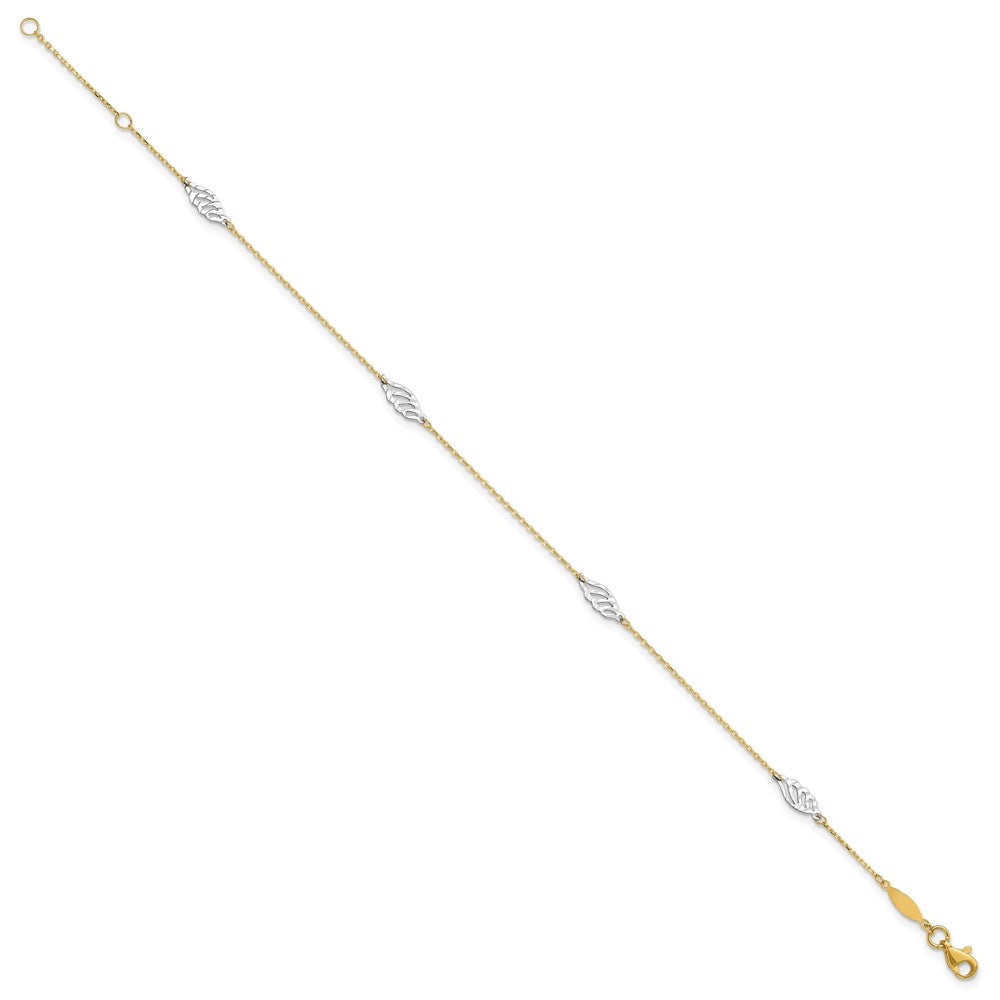 14K Two-Tone Diamond-cut Leaf 4-Station 9 inch Plus 1 inch Extender Total 10 inch Anklet