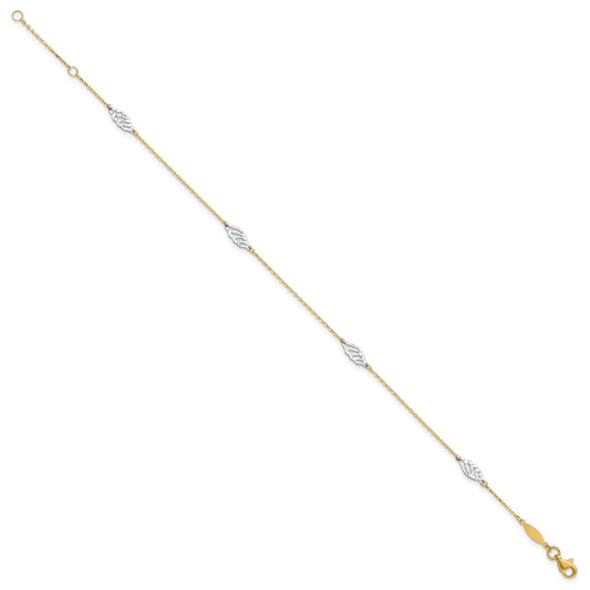 14K Two-Tone Diamond-cut Leaf 4-Station 9 inch Plus 1 inch Extender Total 10 inch Anklet