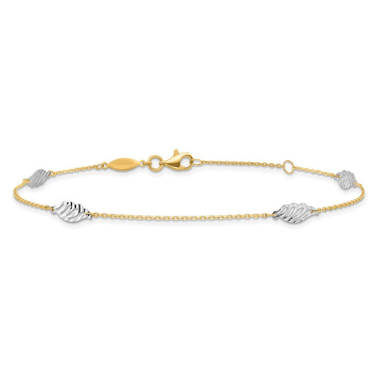 14K Two-Tone Diamond-cut Leaf 4-Station 9 inch Plus 1 inch Extender - Total 10 inch Anklet