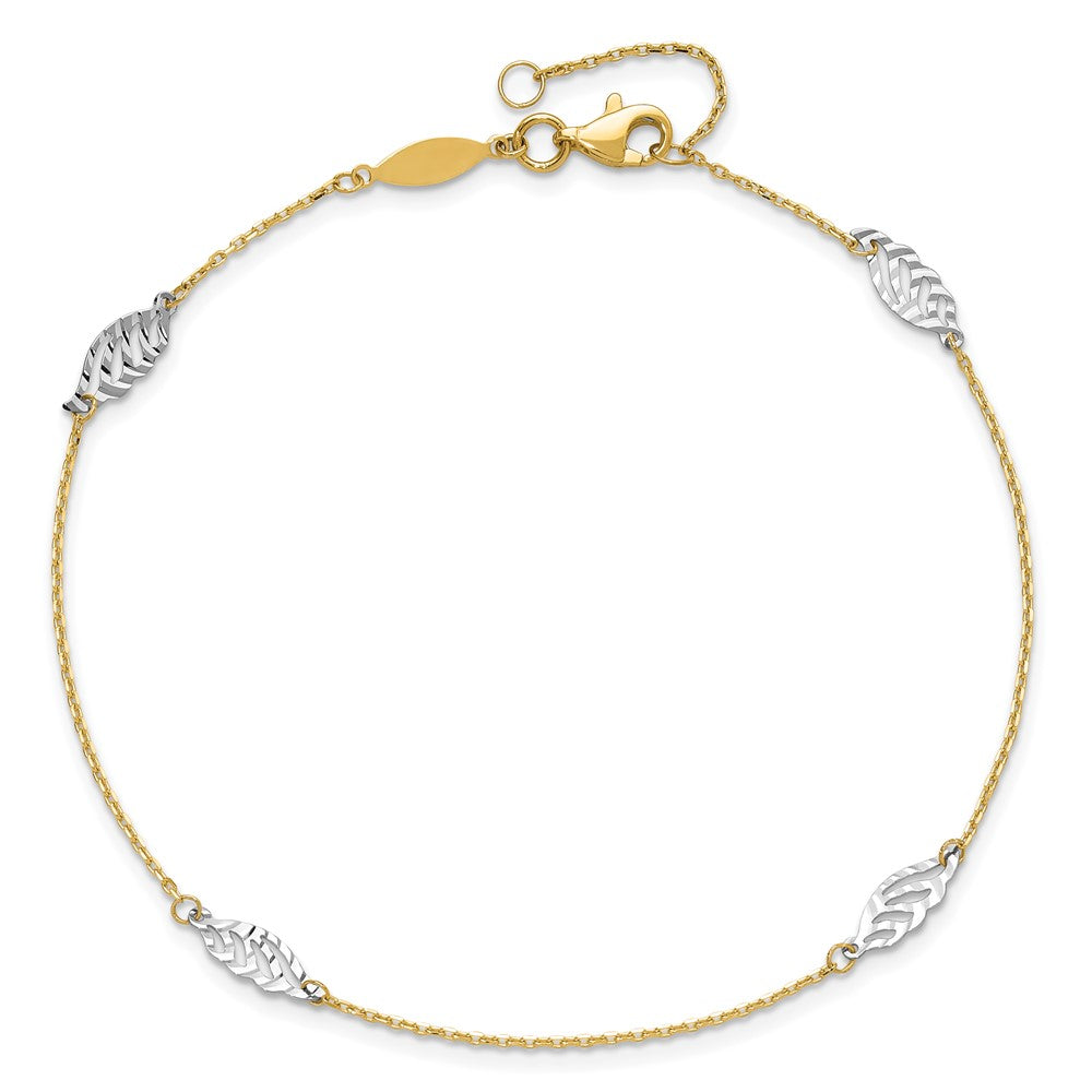 14K Two-Tone Diamond-cut Leaf 4-Station 9 inch Plus 1 inch Extender Total 10 inch Anklet