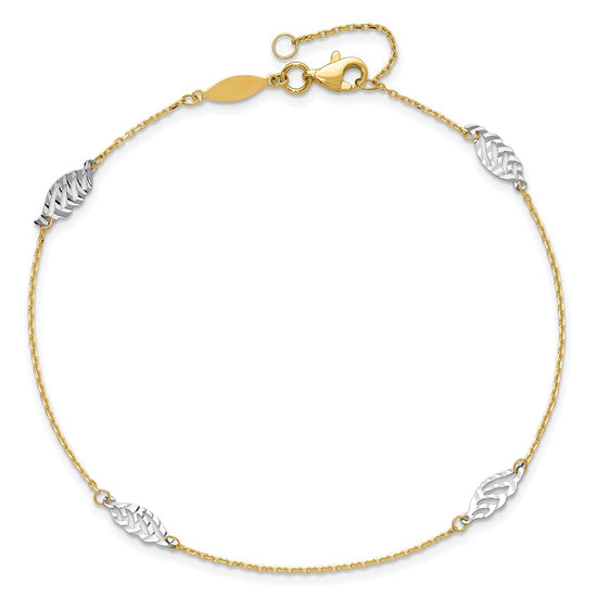 14K Two-Tone Diamond-cut Leaf 4-Station 9 inch Plus 1 inch Extender - Total 10 inch Anklet