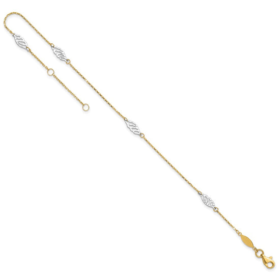 14K Two-Tone Diamond-cut Leaf 4-Station 9 inch Plus 1 inch Extender Total 10 inch Anklet