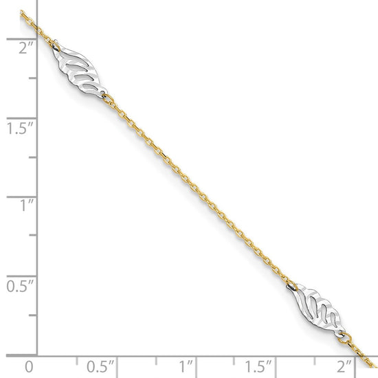 14K Two-Tone Diamond-cut Leaf 4-Station 9 inch Plus 1 inch Extender Total 10 inch Anklet