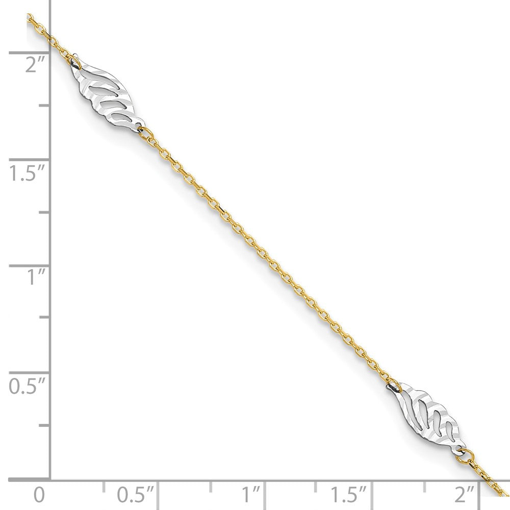 14K Two-Tone Diamond-cut Leaf 4-Station 9 inch Plus 1 inch Extender Total 10 inch Anklet