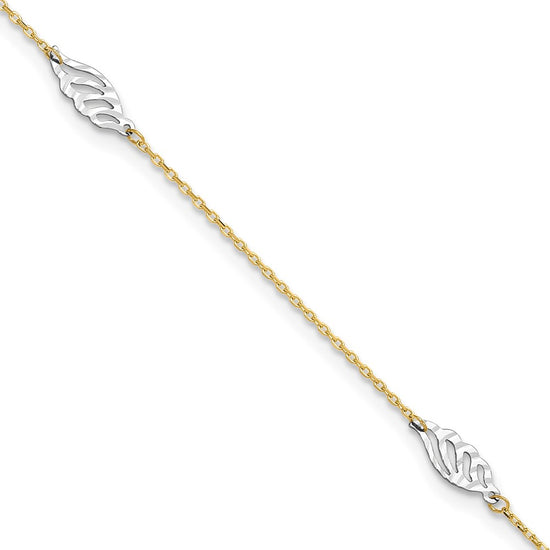 14K Two-Tone Diamond-cut Leaf 4-Station 9 inch Plus 1 inch Extender Total 10 inch Anklet