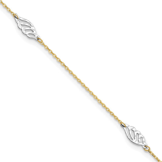 14K Two-Tone Diamond-cut Leaf 4-Station 9 inch Plus 1 inch Extender Total 10 inch Anklet