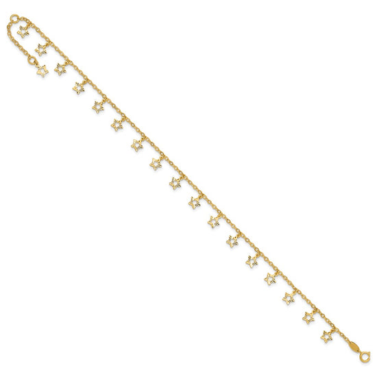 14k Polished and Textured Dangle Stars 9 inch Plus 1 inch Star Dangle Extender - Total 10 inch Anklet