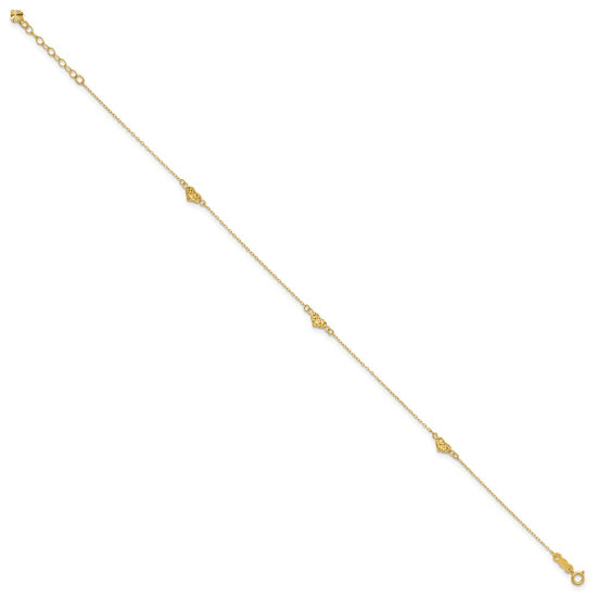 14k Polished Diamond-cut Triple Puffed Hearts 9 inch Plus 1 inch Extender - Total 10 inch Anklet