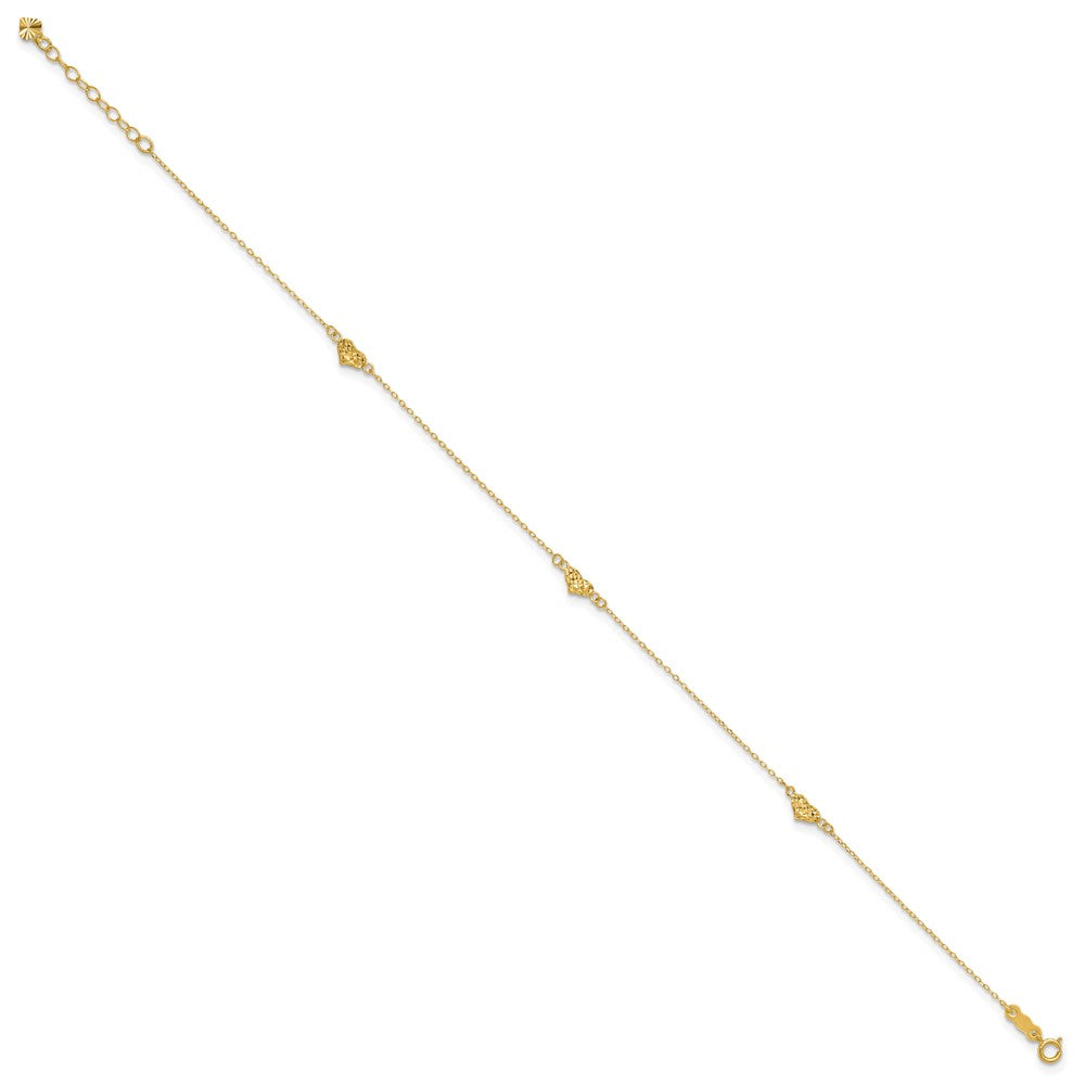 14k Polished Diamond-cut Triple Puffed Hearts 9 inch Plus 1 inch Extender - Total 10 inch Anklet