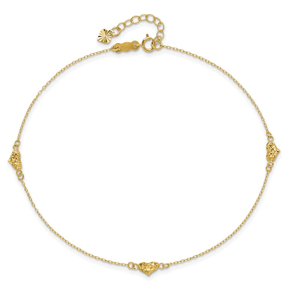 14k Polished Diamond-cut Triple Puffed Hearts 9 inch Plus 1 inch Extender - Total 10 inch Anklet