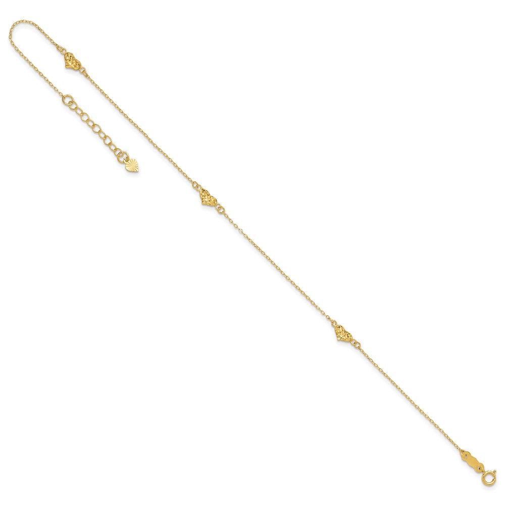 14k Polished Diamond-cut Triple Puffed Hearts 9 inch Plus 1 inch Extender - Total 10 inch Anklet