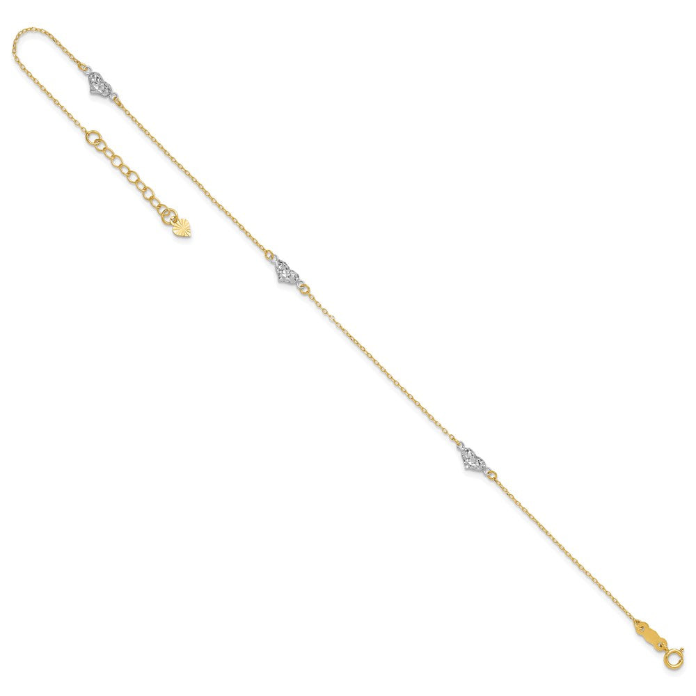 14k Two-tone Diamond-cut Triple Puffed Hearts 9 inch Plus 1 inch Extender - Total 10 inch Anklet